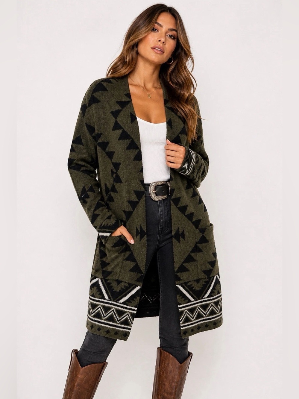 Frye Olive and Black Aztec Open Front Long Length Cardigan Sz L